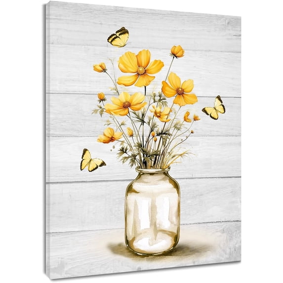 Farmhouse Sage Green Flower Wall Art for Bathroom, Wildflower and Butterfly on Grey Wood Canvas Wall Art Floral Nature Plant Paintings Wall Decor for Bedroom Living Room Decor,20L X 16W Inches