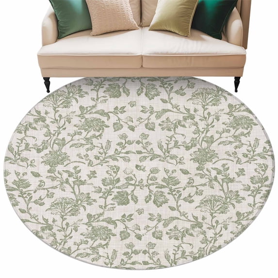 Farmhouse Sage Green Large Area Rugs for Bedroom Living Room, Soft Non Slip Carpet Bedside Rug, Vintage Flower Leaf Botanical Round Floor Cover Kitchen Accent Rug 7' for Dining Room/Office