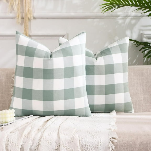 Farmhouse Sage Green Plaid Pillow Covers 18x18 Set of 2 Neutral Throw Pillows Light Green Outdoor Indoor Checkered Decorative Pillow Covers 18 x 18 for Couch Porch and Patio, Grey Green
