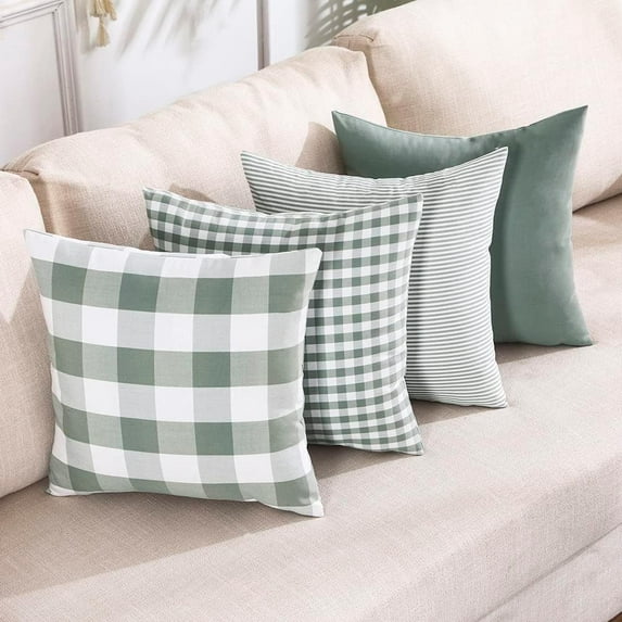 Farmhouse Sage Green Plaid Pillow Covers 18x18 Set of 4 Spring Neutral Throw Pillows Light Green Checkered Decorative Pillow Cover for Indoor Couch Bed or Outdoor Porch Patio, Grey Green