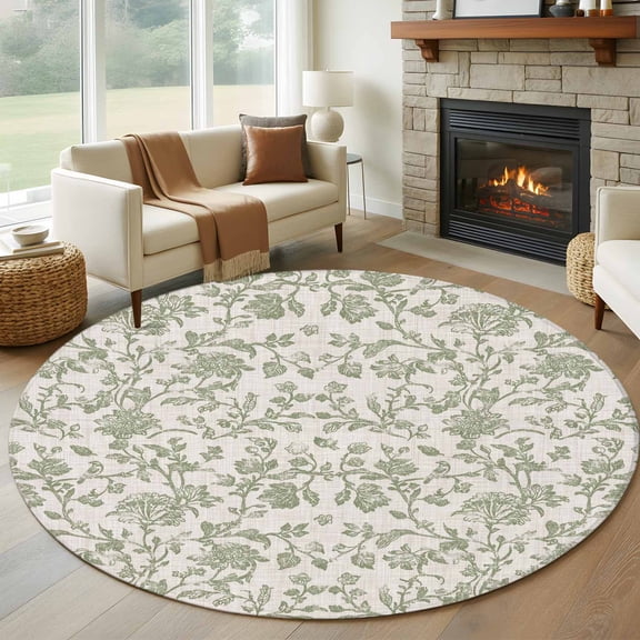 Farmhouse Sage Green Round Rug 5ft Washable Circle Kitchen Rugs Non Slip Vintage Flower Leaf Botanical Large Area Rug Indoor Floor Carpet for Bedroom Living Room Home Office Dining Room Nursery