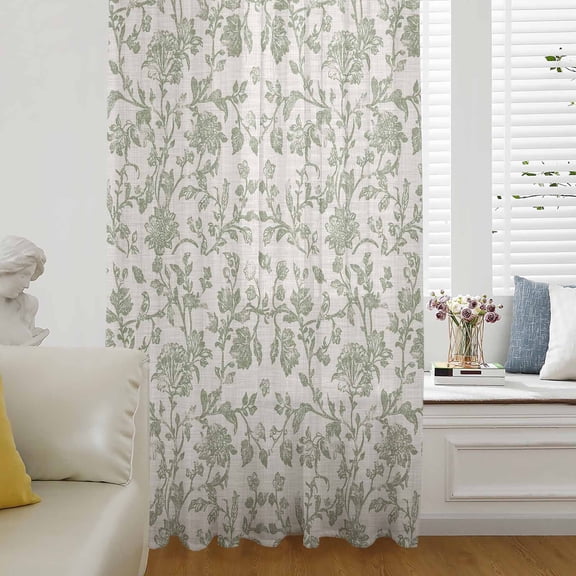 Farmhouse Sage Green Semi Sheer Curtains Drapes for Living Room, Bedroom, French Doors Window 96 Inches Long, Vintage Flower Leaf Botanical Rod Pocket Chiffon Curtain Drapery Voile Draperies Panel