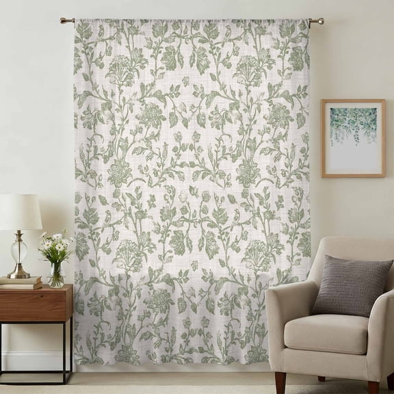 Farmhouse Sage Green Sheer Curtains 45 Inches Long, Vintage Flower Leaf Botanical Light Filering Curtains, Breathable Simi Curtain Privacy Drapes for Kitchen Bathroom Small Window Treatment
