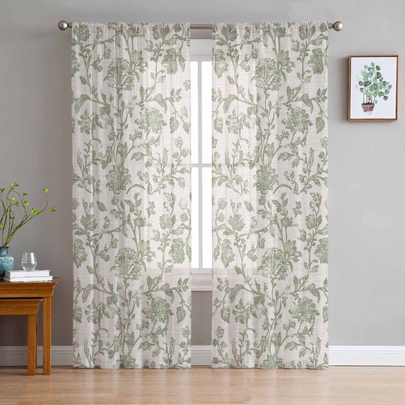 Farmhouse Sage Green Sheer Curtains 96 Inch Length 2 Panels Set for Living Room/Bedroom, Vintage Flower Leaf Botanical Semi Curtain Sheers Drapes Rod Pocket Curtains Window Treatment Set 52''x96''x2