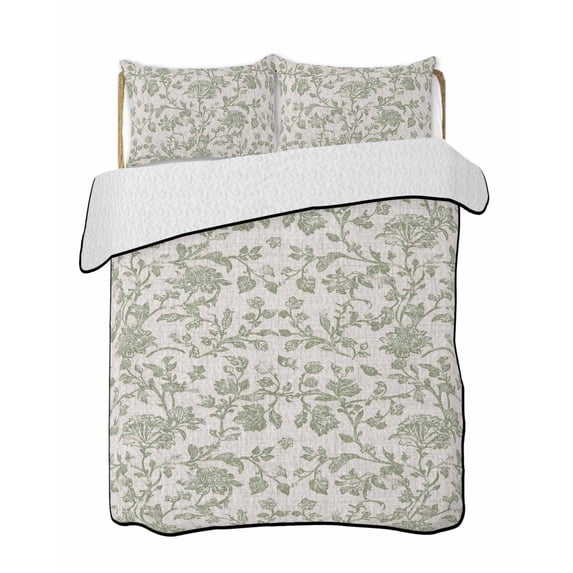 Farmhouse Sage Green Summer Quilt Set Queen Size, Soft Microfiber Quilted Bedding Set with 2 Pillow Shams, Vintage Flower Leaf Botanical Lightweight All Season Bedspread Coverlet for Bedroom 90"x96"