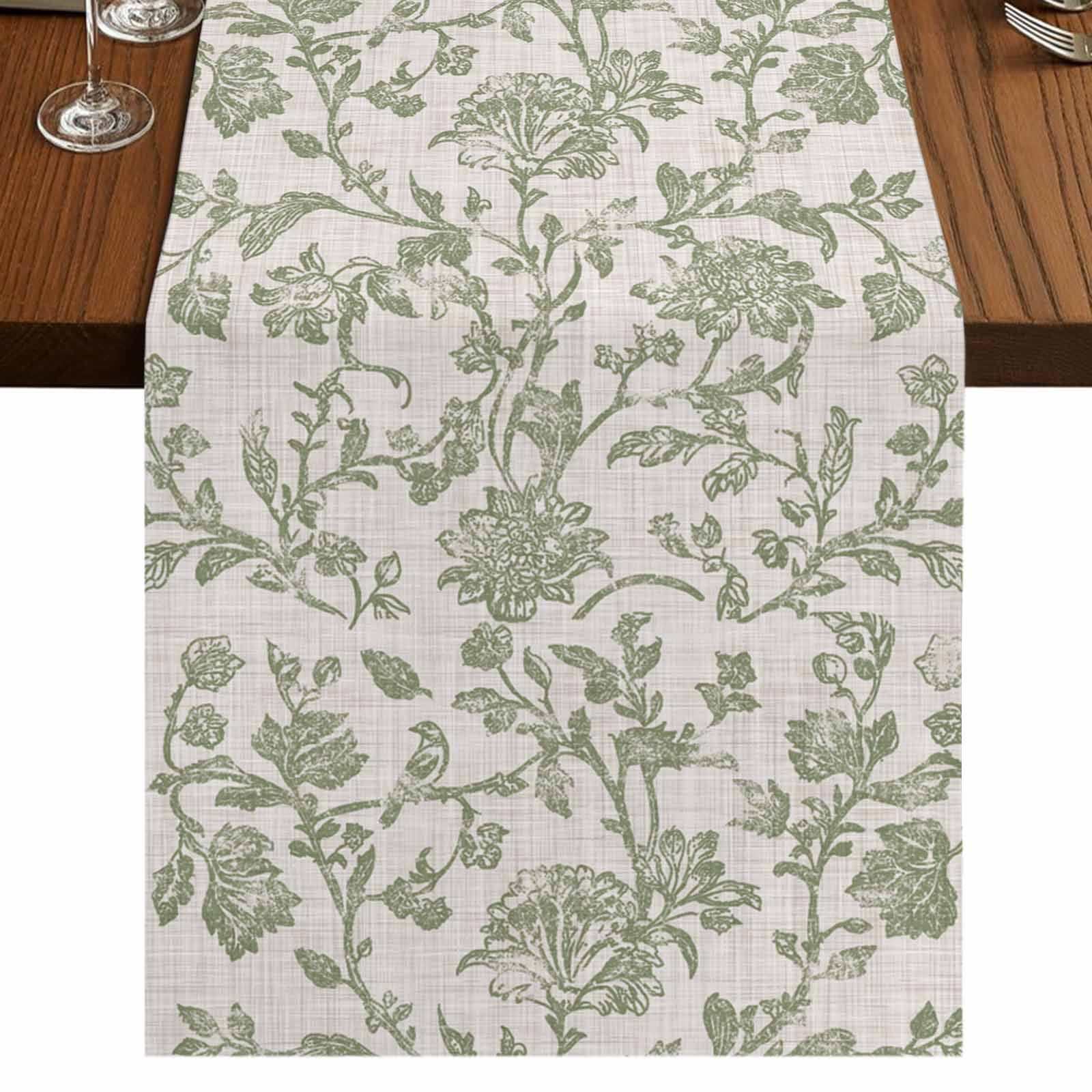 Farmhouse Sage Green Table Runner 90 Inches Long,Vintage Flower Leaf Botanical Cotton Linen Table Runners Dresser Scarves,Decorative Tabletop Scarf Furniture Cover for Home Dinner Party 13"x90"