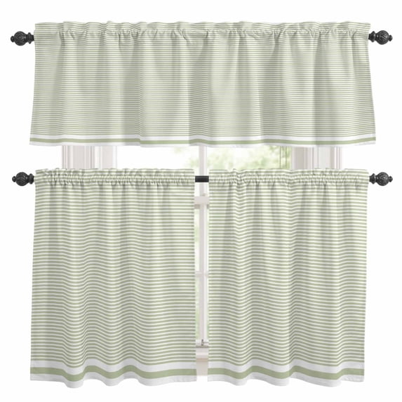 Farmhouse Sage Green White Striped Kitchen Curtains Sets for Windows 24 Inch Length, Modern Stripes Rod Pocket Window Treatments Tier Curtains and Valances Set for Bedroom/Bathroom