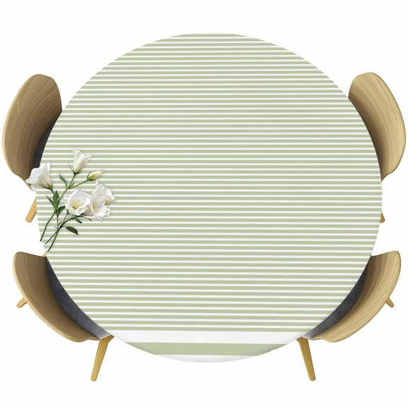Farmhouse Sage Green White Striped Round Tablecloth 55-60 Inch Round Fitted Table Cloth with Elastic Edge, Modern Stripes Waterproof Table Cover Protector for Outdoor Picnic Party Dining