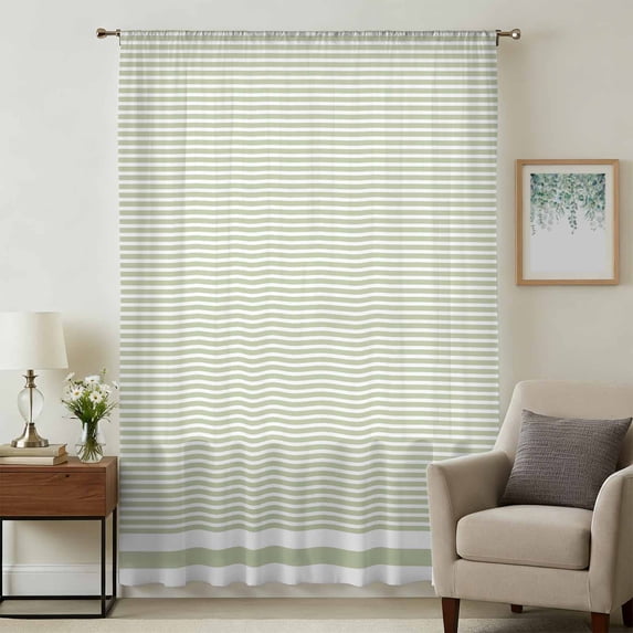 Farmhouse Sage Green White Striped Sheer Curtains 54 Inches Long, Modern Stripes Light Filering Curtains, Breathable Simi Curtain Privacy Drapes for Kitchen Bathroom Nursery Small Window Treatment