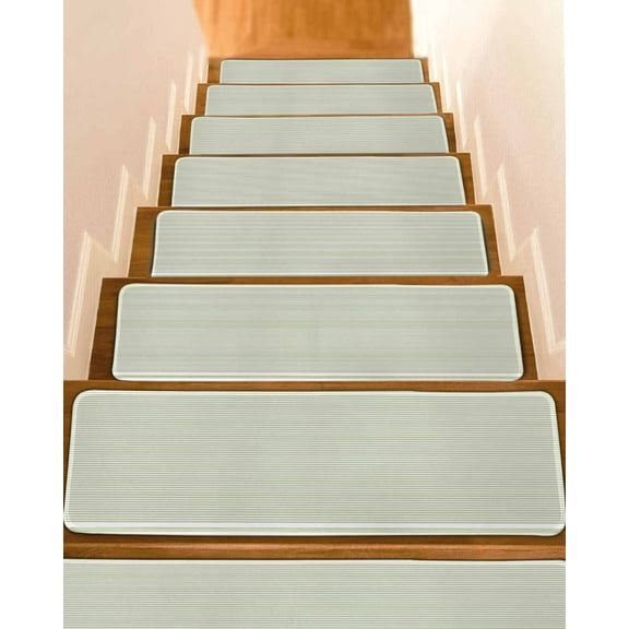 Farmhouse Sage Green White Striped Stair Treads for Wooden Steps Indoor Runner Rug Carpet, Modern Stripes 4 Pieces Peel and Stick Staircase Step Treads Covers Washable Throw Door Mats, 30"x8"