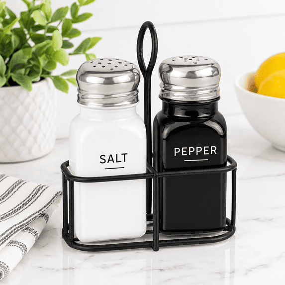 Farmhouse Salt and Pepper Shakers Set with Holder, Black/White, Modern ...