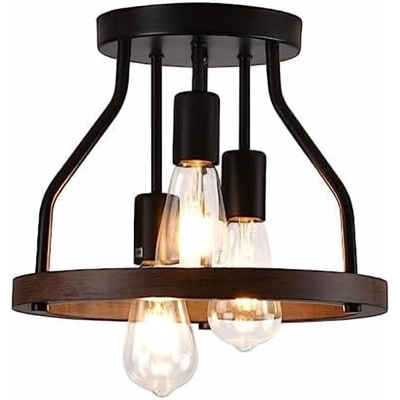 Farmhouse Semi Flush Mount Ceiling Light Fixture Black Industrial Kitchen Rustic Vintage Ceiling Mount 3 Lights Ceiling Light for Dining Room Hallway Entryway Bedroom Living Room