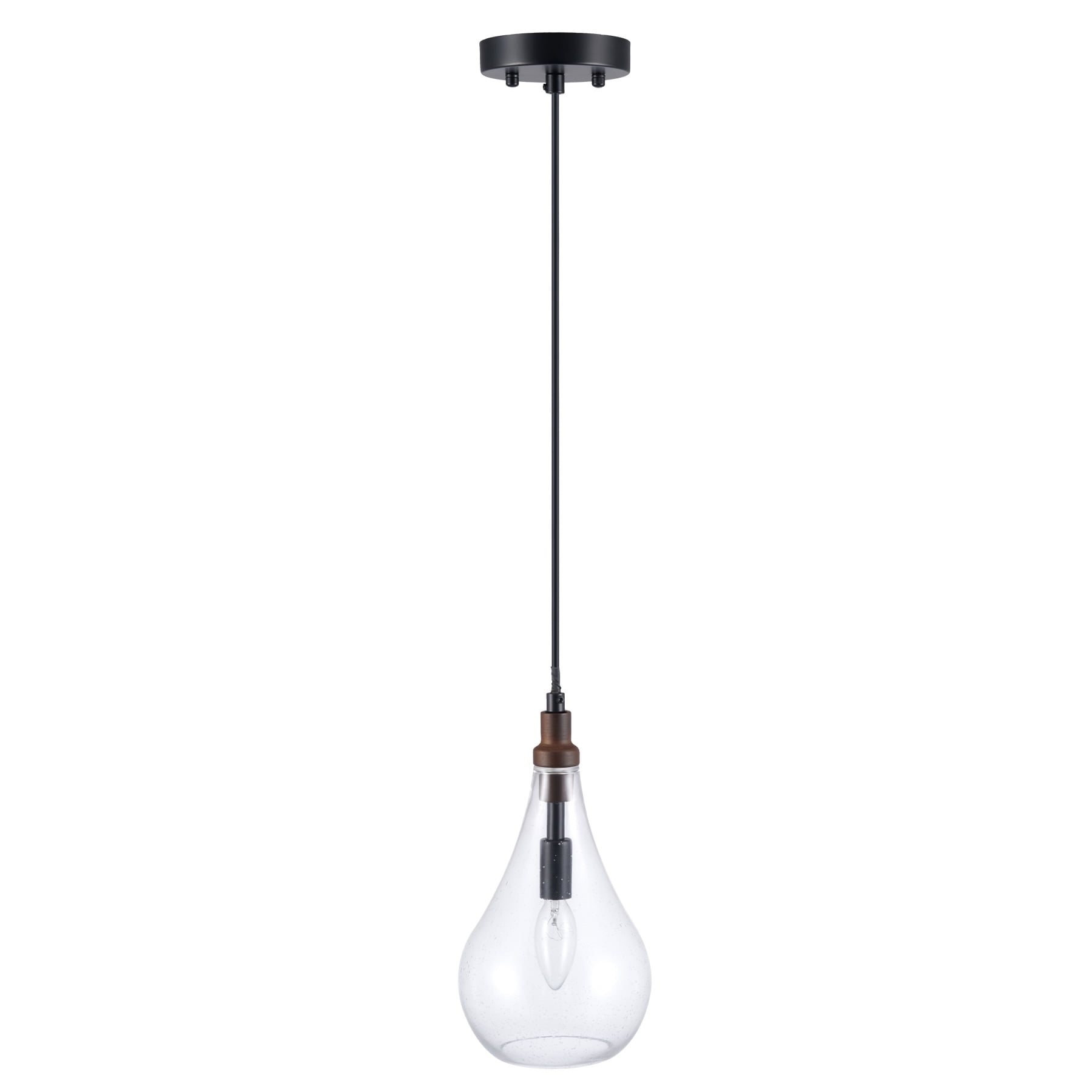 Farmhouse Semi Flush Mount Ceiling Light Fixture with Teardrop Glass Shade and Wood Accent for 40W E12 Bulbs, Walnut and Black Finish
