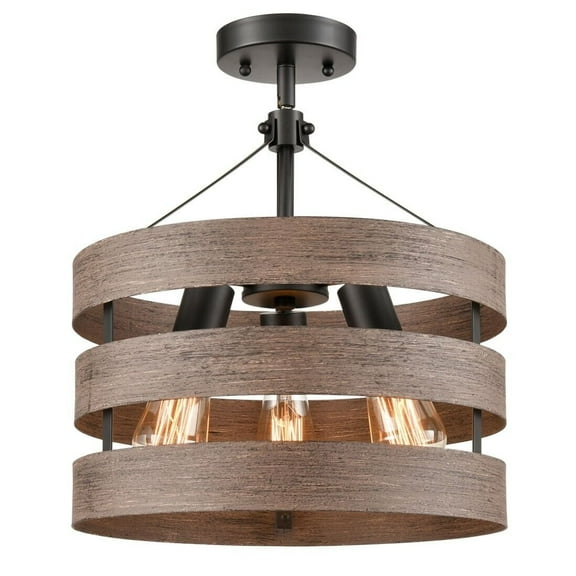 Farmhouse Semi Flush Mount Ceiling Light Metal Drum Shade Wood Finish 3-Light