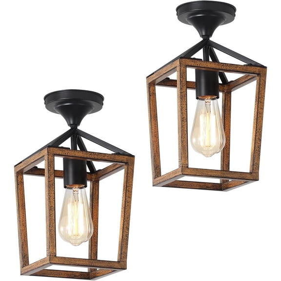 KEESFU Farmhouse Semi Flush Mount Ceiling Light Fixture, Faux Wood Grain, 1-Light, Indoor/Outdoor, 2-pack