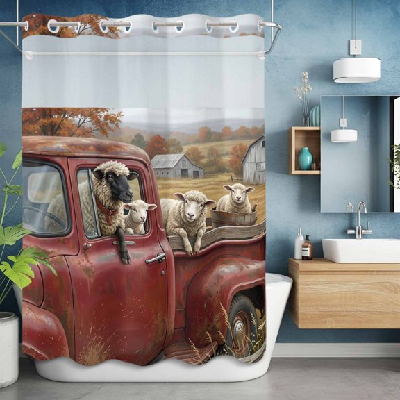 Farmhouse Sheep Barn Truck No Hook Shower Curtain with Snap in Liner Set,Pastoral Tree Wildflower Waterproof Fabric Shower Curtains with See Through Top Window for Bathroom,60Wx72L