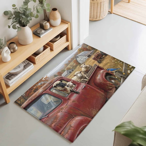 Farmhouse Sheep Barn Truck Rectangle Rug 2'x3' Pastoral Tree Wildflower Washable Area Rugs for Living Room Bedroom Entryway Non Slip Entrance Door Mat Indoor Floor Carpet