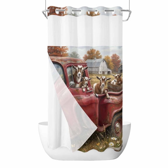 Farmhouse Sheep No Hook Shower Curtain with Snap in Liner, Waterproof Fabric Shower Curtains, Rustic Red Truck Animals Farm Scenery Shower Curtain Set Top See Through for Bathroom 36"x78"