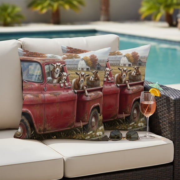 Farmhouse Sheep Outdoor Pillow Covers 20x20 Inch Throw Pillow Covers Set of 2 Waterproof Decorative Pillow Cases Rustic Red Truck Farm Scenery Cushion Covers for Patio Furniture Garden Couch Sofa