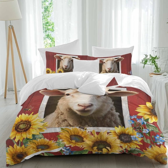 Farmhouse Sheep and Sunflower Queen Size Bed Set,Retro Red Wood Plank Bedding for All Seasons,4 Pcs Bed Set,1 Quiltcover (90"x92"),1 Sheet(94"x116"),2 Pillowcases (30"x20")