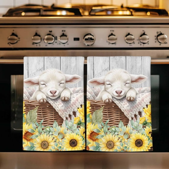 Farmhouse Sheeps Kitchen Towels Set of 3, Country Cabins Sunflowers Wooden Grain Absorbent Dish Towels for Kitchen, Microfiber Hand Towel, Quick Drying Tea Towel for Cleaning Decorative Dishcloths