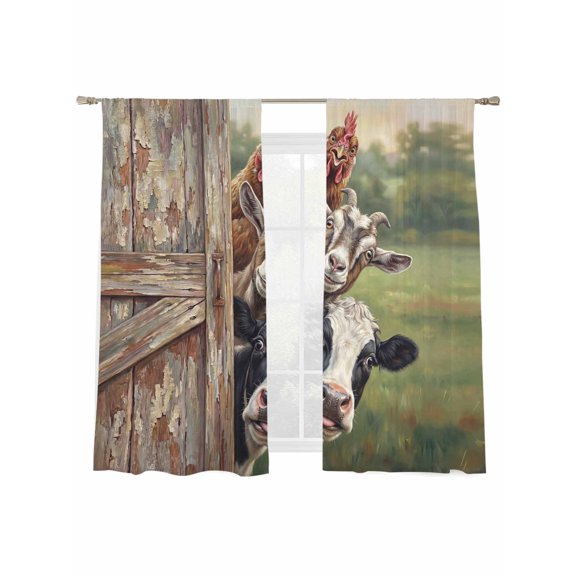 Farmhouse Sheer Curtains 2 Panels Set Cow Sheep Cock Countryside Vintage Sheer Window Curtains Light Filtering Rod Pocket Voile Drapes for Bedroom Living Room 52"x63"