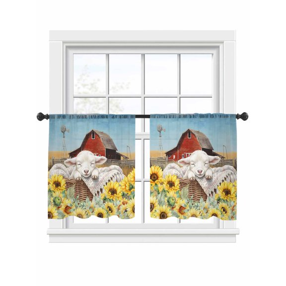 Farmhouse Sheer Curtains 2 Panels Set Farm Animals Cute Sheep Sunflower Red Barn Sheer Window Curtains Light Filtering Rod Pocket Voile Drapes for Bedroom Living Room 52"x45"