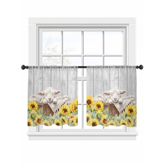 Farmhouse Sheer Curtains 2 Panels Set Farm Animals Cute Sheep Sunflower Wood Grain Sheer Window Curtains Light Filtering Rod Pocket Voile Drapes for Bedroom Living Room 52"x45"