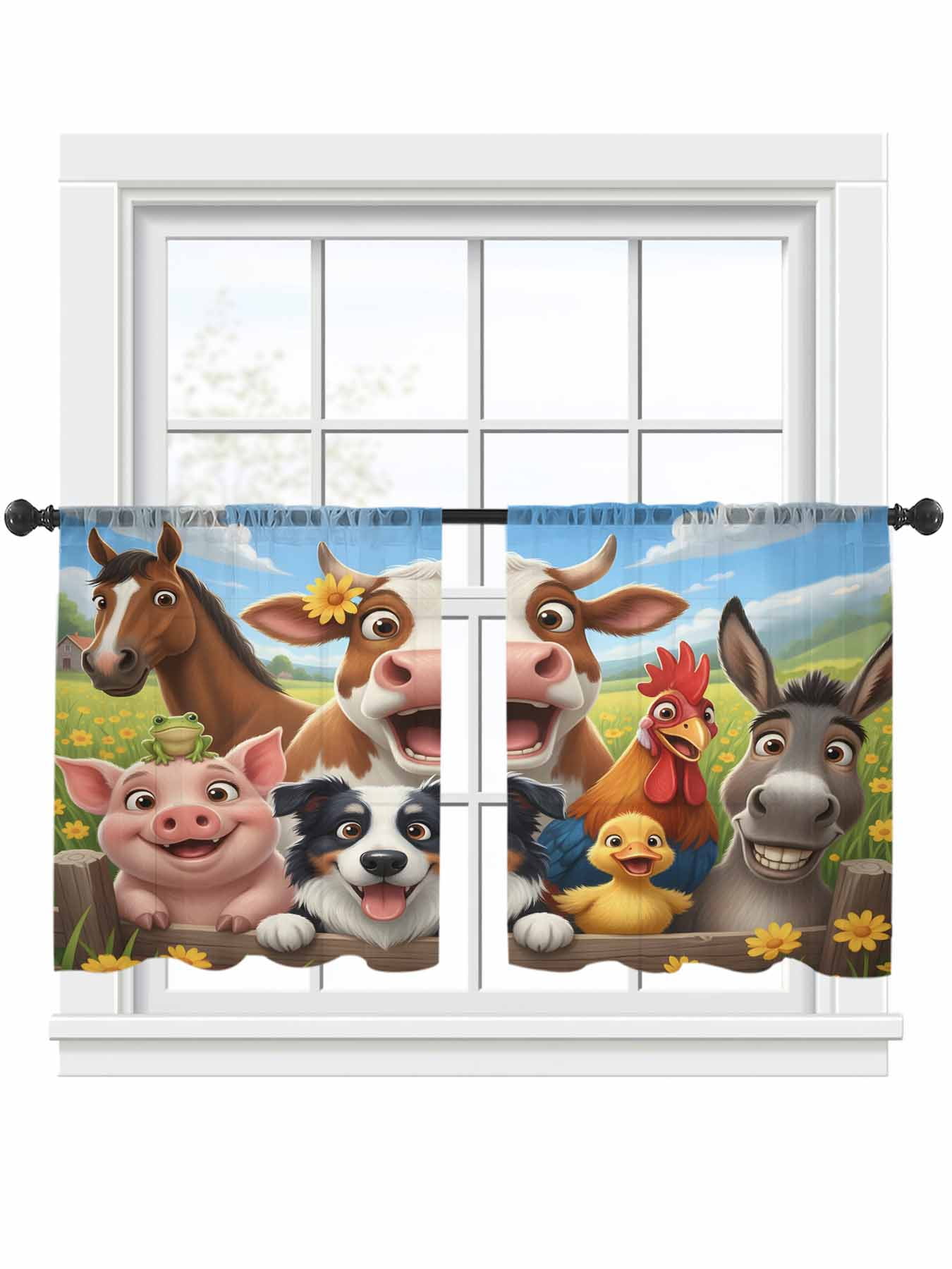Farmhouse Sheer Curtains 2 Panels Set Funny Cow Horse Pig Face Cute Dog ...