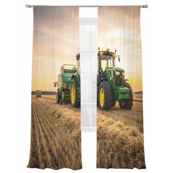 Farmhouse Sheer Curtains 2 Panels Set Rustic Country Green Bulldozers Realistic Field Sunset Sheer Window Curtains Light Filtering Rod Pocket Voile Drapes for Bedroom Living Room 52"X84"