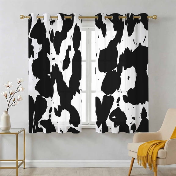 Farmhouse Sheer Curtains 39 Inch Long 2 Panels, Farm Dairy Cow Spot Animals Texture Black White Light Filtering Semi Sheer Drapes Grommet Voile Window Curtain for Living Bedroom W27.9 x L39