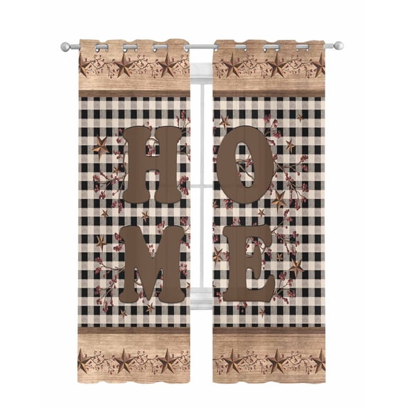 Farmhouse Sheer Curtains 84 Inch Length 2 Panels Set for Living Room/Bedroom, Vintage Country Texas Star Plaid Wooden Grain Kitchen Curtains Grommet Semi-Sheer Curtains Window Treatments 52"x84"x2