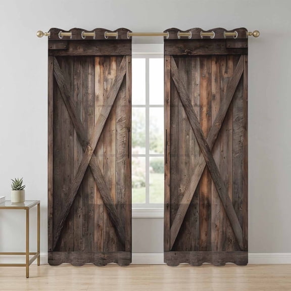 Farmhouse Sheer Curtains 90 Inch Long 2 Panels, Brown Country Style Barn Door Distressed Wood Grain Light Filtering Semi Sheer Drapes Grommet Voile Window Curtain for Living Bedroom W52 x L90