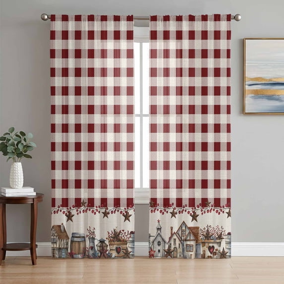 Farmhouse Sheer Curtains 96 Inch Length 2 Panels Set, American Country Star Barn Red Brown Plaid Berry Voile Window Treatment Semi Sheer Long Curtains Drapes for Bedroom/Living Room/Kitchen 52"x96"x2