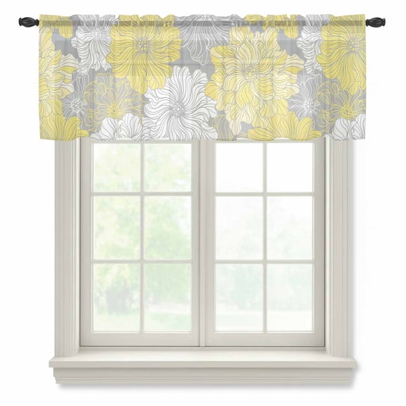 Farmhouse Sheer Valances for Windows, Pastoral Flowers Graffiti Yellow White Spring Floral Semi Sheer Kitchen Valance Rod Pocket Small Voile Window Curtains for Living Room Bedroom 60 x 18 Inch