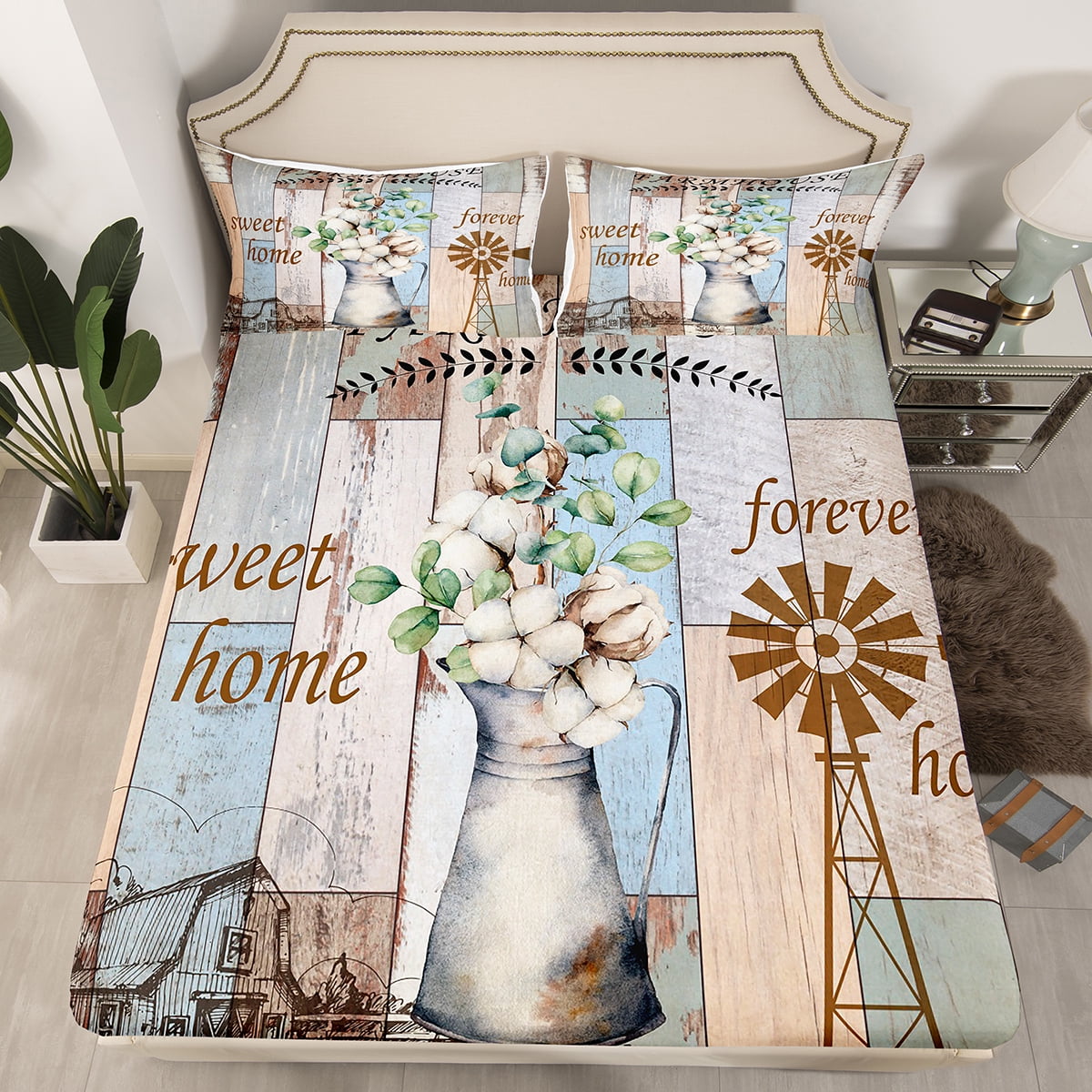 Farmhouse Sheets Country Floral Cotton Flower Fitted Sheet,Watercolor