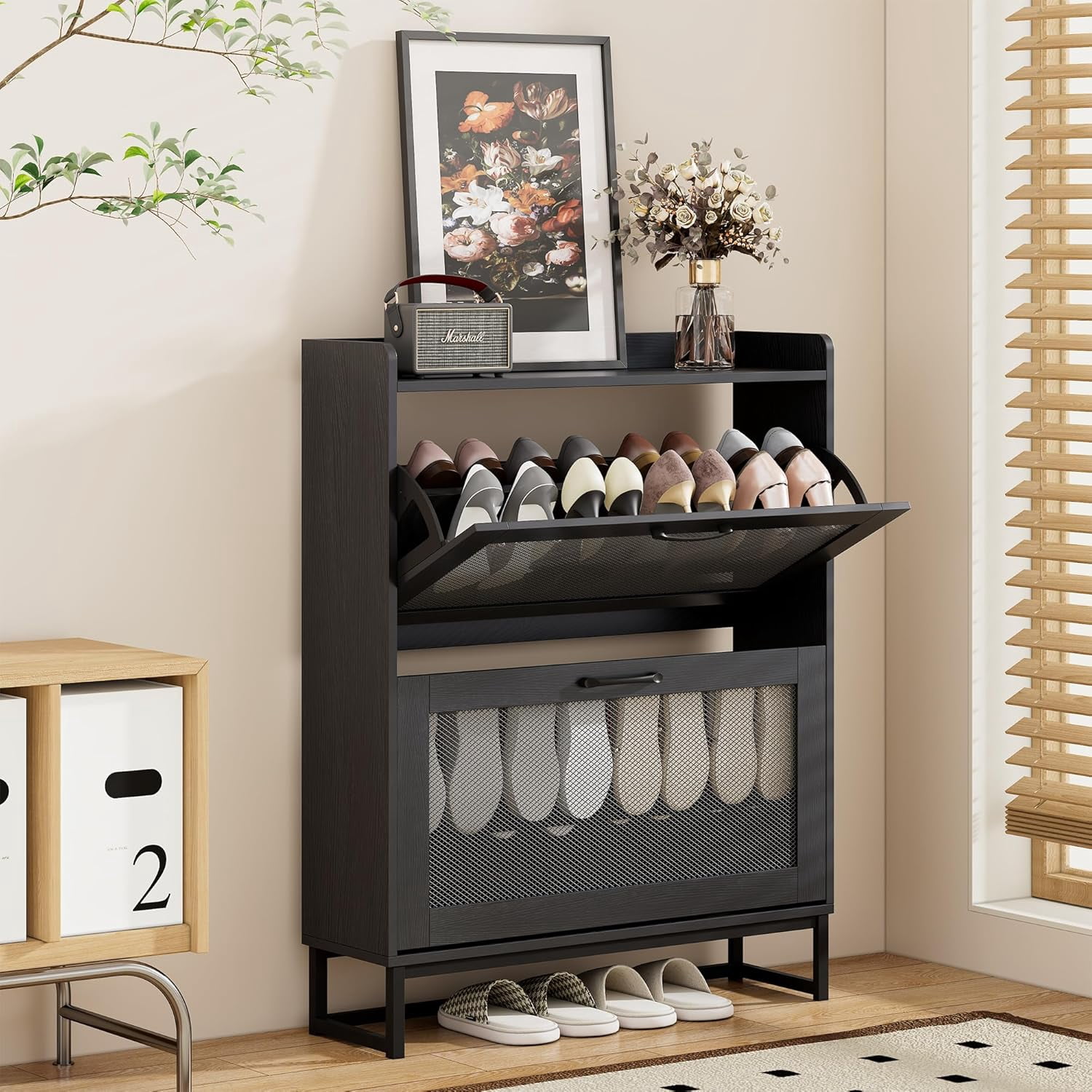 Farmhouse Shoe Cabinet with 2 Flip Drawers, Narrow Wooden Shoe Rack