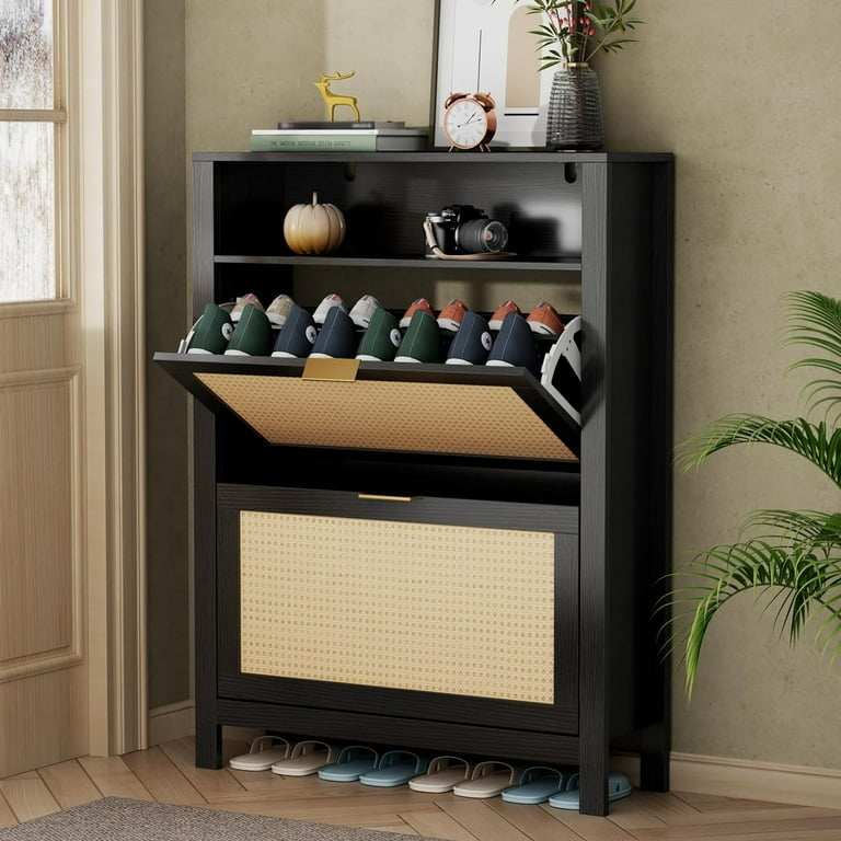Farmhouse Shoe Cabinet Freestanding Tipping Bucket Shoe Rack Organizer with 2 Flip Drawers Door Entryway Narrow Shoe with Cubby Modern Slim Hidden Shoe Cabinet Vintage Brown Walmart