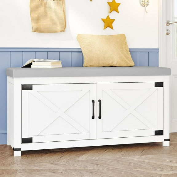 Farmhouse Shoe Storage Bench, 2 Tier Shoe Bench with Padded Seat Cushion & 2 Barn Doors, White