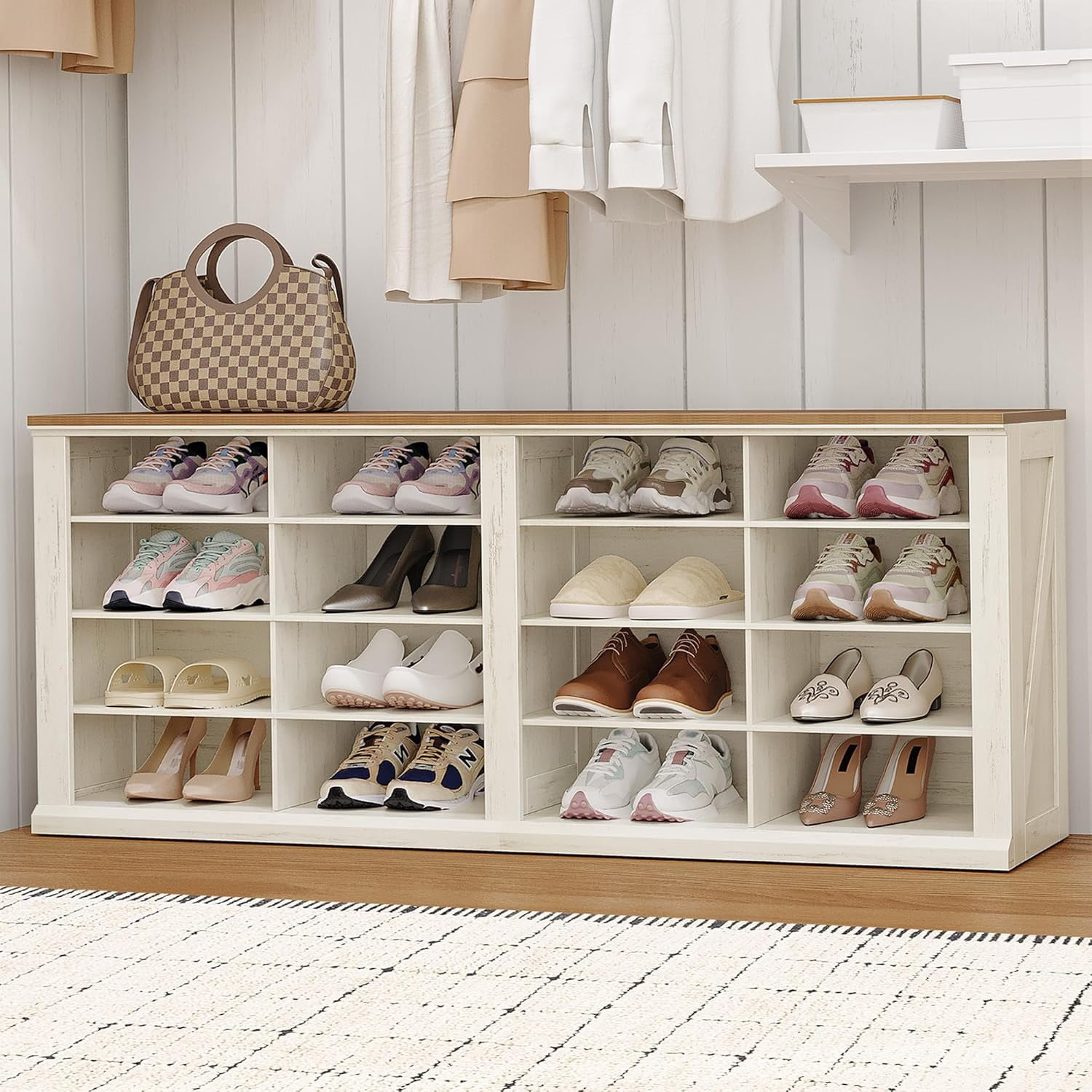 Farmhouse Shoe Storage Bench, Entryway Shoe Cubby Bench, Widened Wooden