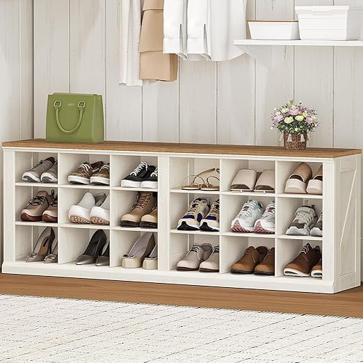 Farmhouse Shoe Storage Bench, Entryway Shoe Cubby Bench, Widened Wooden Shoes Cubbies with Compartments, Shoes Rack Benchs for Cloakroom, Entryway, Antique White