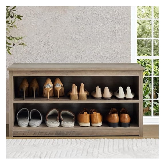 Farmhouse Shoe Storage Bench with 2-Tier Shelf, Wooden Entryway Organizer for Shoes, Hallway Living Room Bedroom, Grey Finish