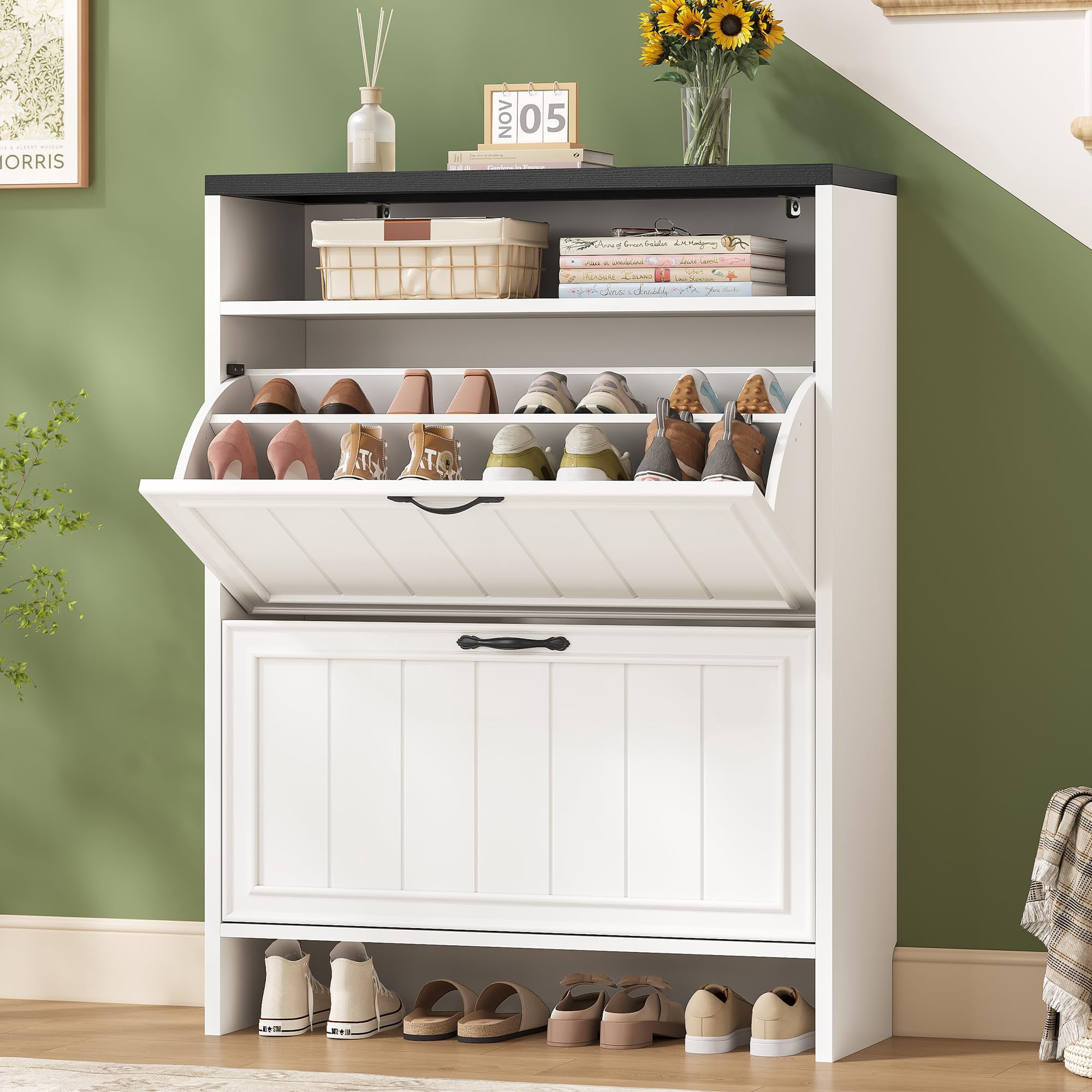 Farmhouse Shoe Storage Cabinet with 2 Large Flip Drawers, Hidden ...