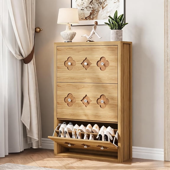 Farmhouse Shoe Storage Cabinet with 3 Flip Drawers, Floral Design, Adjustable Shelves, Narrow Shoe Organizer for Entryway, Living Room and Hallway,Wood-3 Drawers