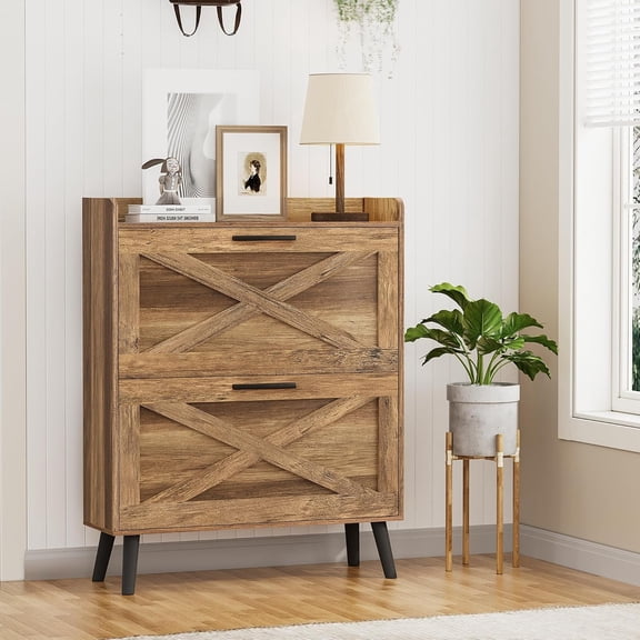 Farmhouse Shoe Storage Cabinet with Flip Drawers & Barn Door Design | Slim Narrow Shoe Rack Cabinet with Adjustable Shelves & Hidden Storage for Entryway, Hallway, Living Room, Rustic Walnut