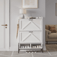 thumbnail image 1 of Farmhouse Shoe Storage Cabinet with Metal Legs, Narrow Hidden Shoe Rack with 2 Flip Drawers, Open Storage and Adjustable Shelves, Freestanding Shoe Organizer for Entryway, 1 of 9
