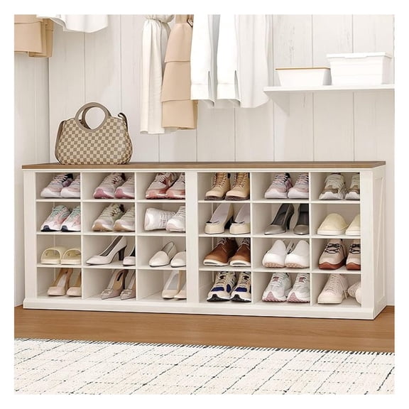 Farmhouse Shoe Storage , Entryway Shoe Cubby , Widened Wooden Shoes Cubbies with 24 Compartments, Shoes Rack for Cloakroom, Entryway, Antique White SB52514B