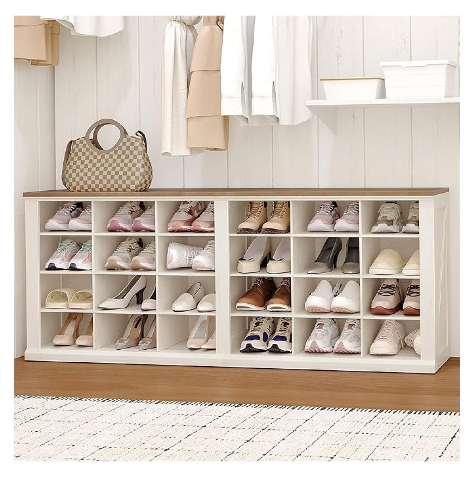Farmhouse Shoe Storage , Entryway Shoe Cubby , Widened Wooden Shoes Cubbies with Compartments, Shoes Rack for Cloakroom, Entryway, Antique White SB52514B