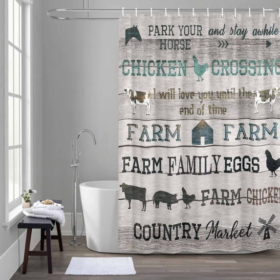 Farmhouse Shower Curtain for Bathroom Decor, Green Black Barn Cow Pig Chicken Brown Wood Grain Waterproof Fabric Shower Curtain, 72"x84" Set with 12 Hooks