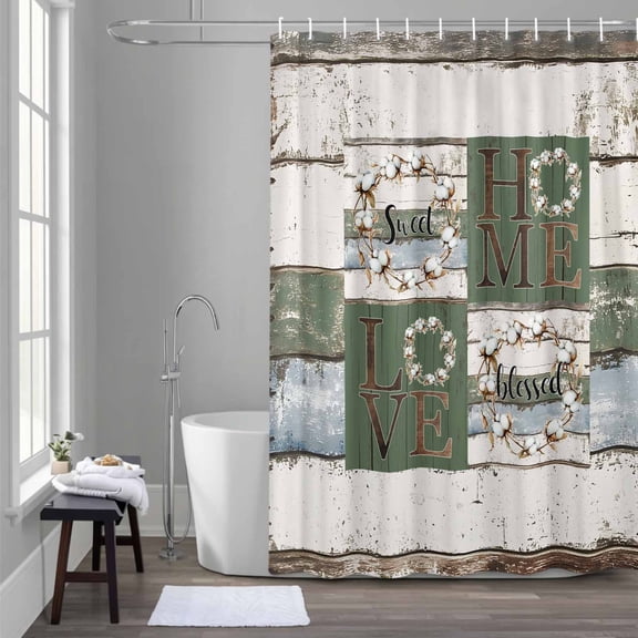 Farmhouse Shower Curtain for Bathroom Decor, Sweet Home Love Blessed White Green Wood Grain Waterproof Fabric Shower Curtain, 36"x72" Set with 12 Hooks